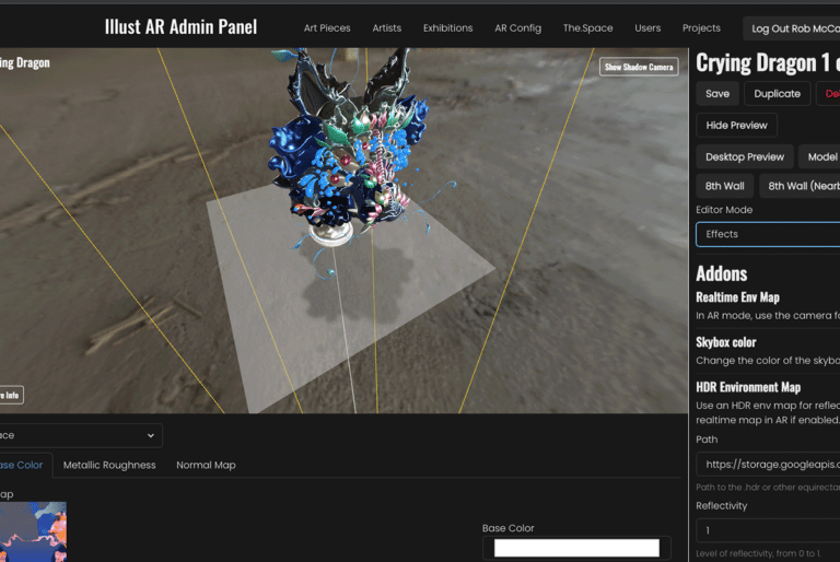 illust AR Studio admin panel showing Clara Bacou's Crying Dragon 3D model placed in a scene