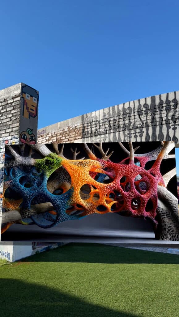 Colorful AR sculpture outside a building