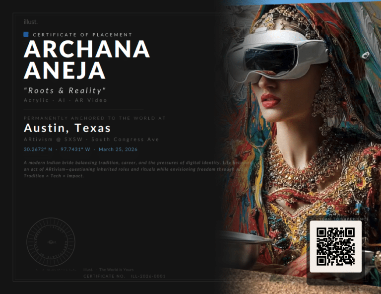 An illust Certificate of AR Placement for Archana Aneja's Roots & Reality in Austin, Texas, with the artwork and a QR code