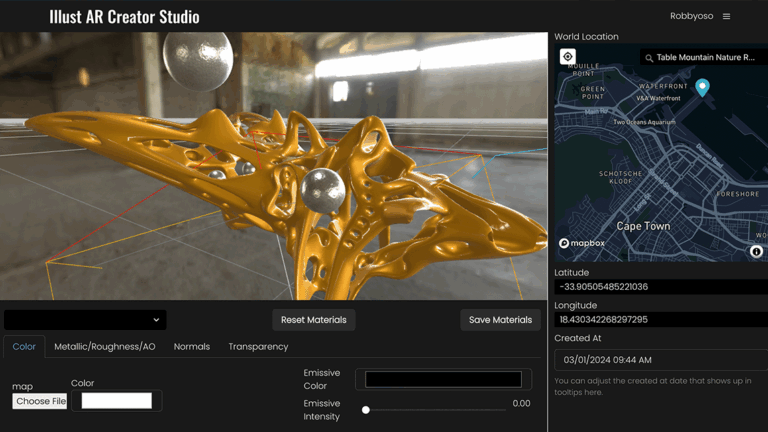 illust AR Studio in a web browser, with a gold 3D sculpture in the scene editor and a map panel for choosing its real-world location