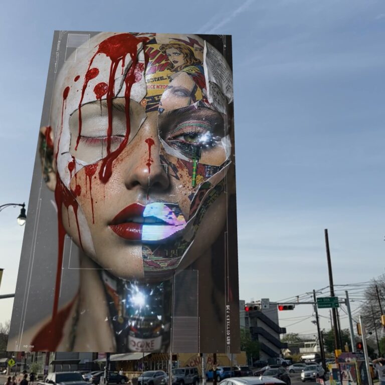 The same AR portrait mid-glitch: the mask cracks and drips, revealing glowing robotic machinery underneath, above an Austin intersection