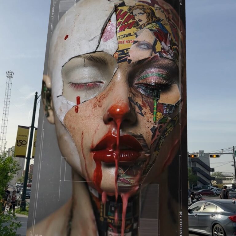 Paper Skins & Data Guts by noitako: a towering collaged portrait mask standing in augmented reality over a street in Austin, Texas