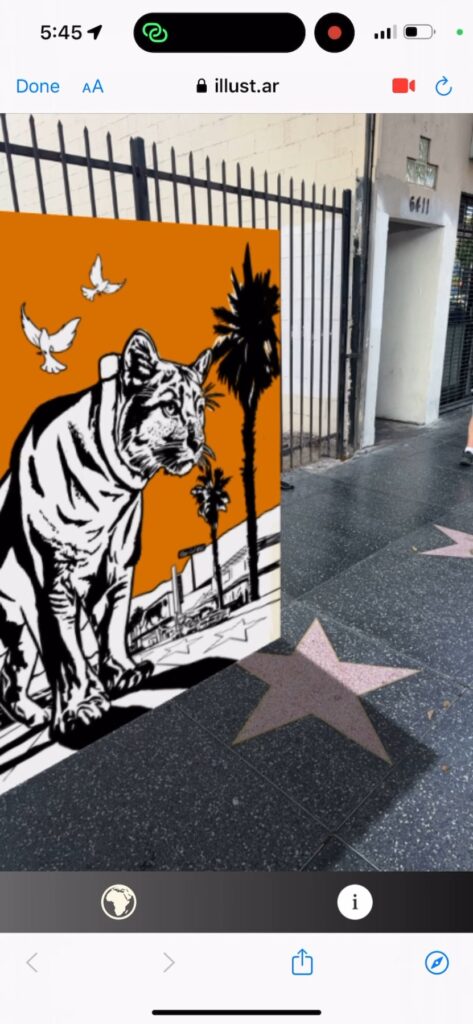 Phone screen showing Corie Mattie's P-22 mountain lion artwork appearing in augmented reality over a Hollywood Walk of Fame star, in the phone's web browser