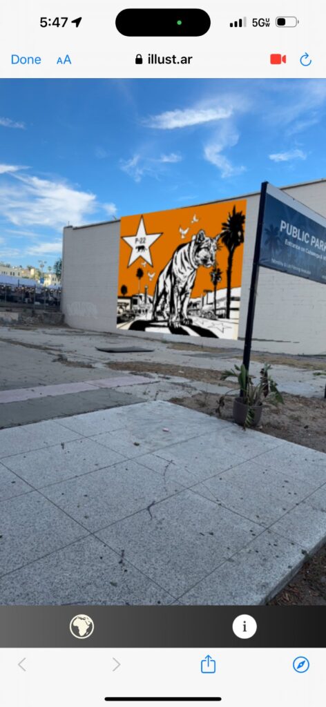 Phone screen showing Corie Mattie's P-22 mural on a street wall, opened in the illust web AR viewer