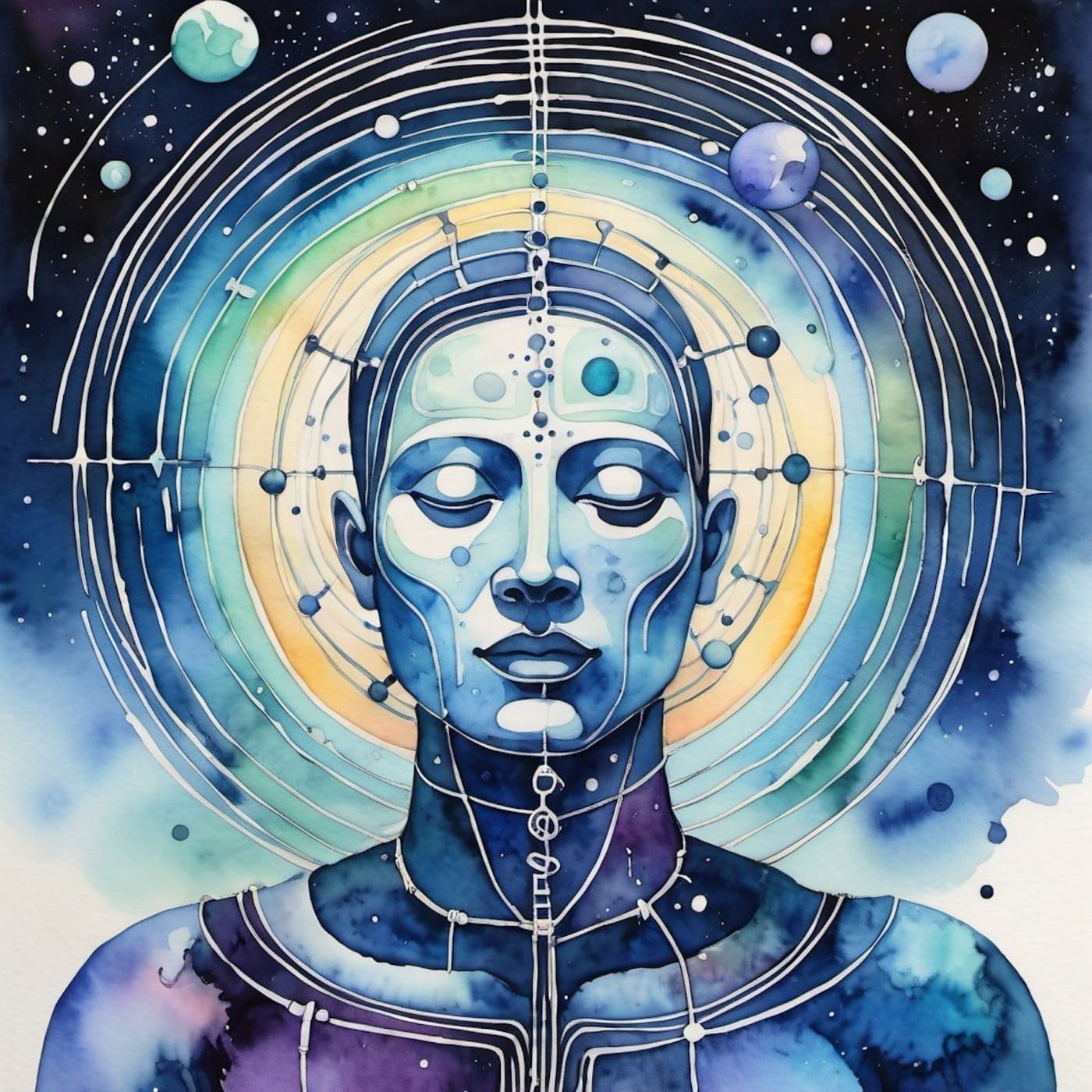 Computational Theory of Mind, an AR mask joining a face with circuit and cosmic forms, by Claudia Tong