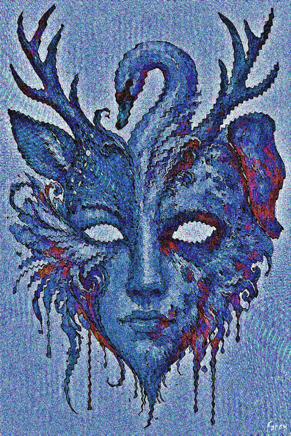 Frenatus, a blue AR mask combining a swan, antlers and other animal forms, by Özlem Mehder
