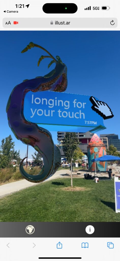 Phone screenshot of a blue AR sculpture with a 'longing for your touch' sign, running in the phone's web browser at Denver Walls 2024
