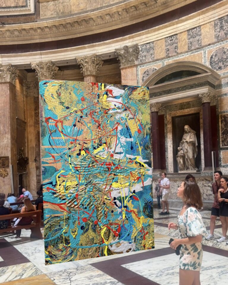 A large abstract painting by Archana Aneja standing in augmented reality inside the Pantheon in Rome, beside a visitor